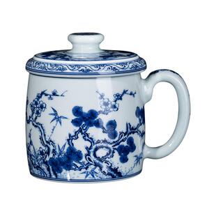 钟家窑茶杯青花柴窑手工岁寒三友高档办公泡茶杯大容量陶瓷杯带盖
