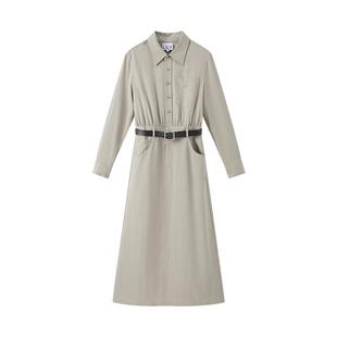 LILY2025新款女装莱赛尔混纺工装翻领收腰浅色衬衫裙过膝连衣裙