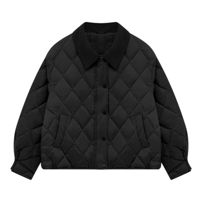 Basic House/百家好冬季黑色短款羽绒服女菱格小个子保暖加厚外套