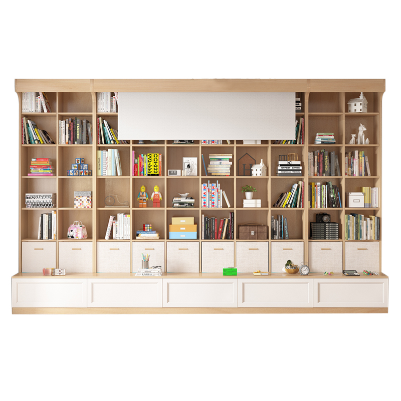可比熊实木满墙书柜整墙书架带卡座客厅一体到顶儿童图书馆电视柜