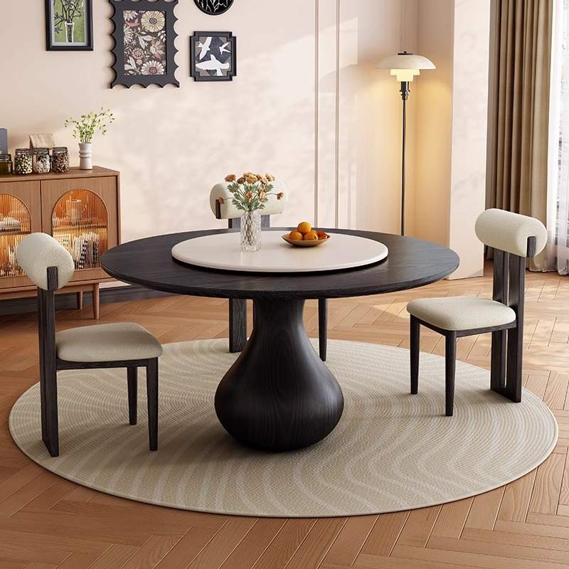 古风餐桌实木圆桌简约小户型岩组合板现代餐桌椅圆形家用转盘饭桌