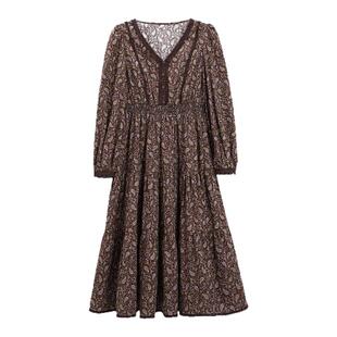 芭依璐2026春季新品长袖V领连衣裙女收腰显瘦透气荷叶边长裙子女