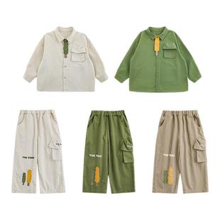 幼悠男童春季新款长袖翻领森系衬衫时尚简约宽松直筒儿童百搭长裤