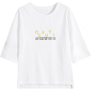 啄木鸟纯棉七分袖t恤女中袖上衣2024新款夏爆款宽松粉色半袖体恤