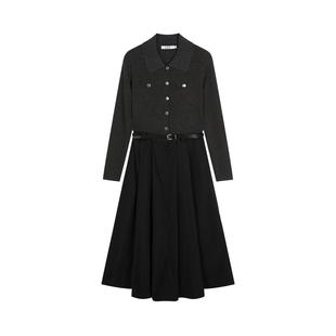 LILY新款翻领针织拼接修身黑色百褶气质淑女连衣裙A字长裙