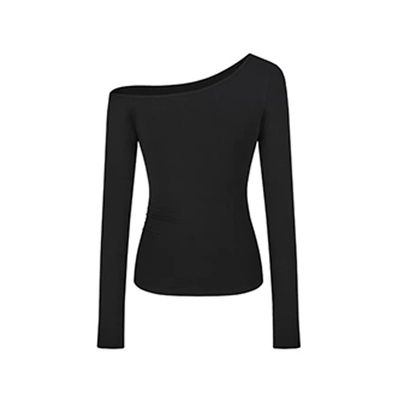 拉夏贝尔黑色斜肩露肩长袖T恤