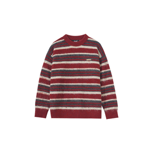 Holocene美式潮牌复古条纹撞色圆领宽松马海毛毛衣慵懒针织衫打底