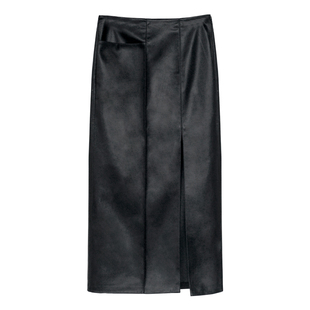 因由 高腰PU皮裙直筒半裙秋冬新款开叉设计感时尚长款显瘦半身裙