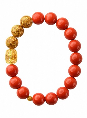 台湾朱砂金箔黄财神18K黄金手链