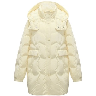 朵以2025冬季新款韩系简约温柔加绒口袋中长款连帽羽绒服保暖外套