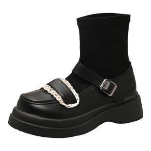 连袜乐福鞋女英伦风小皮鞋小香风短靴厚底瘦瘦马丁靴玛丽珍鞋袜靴