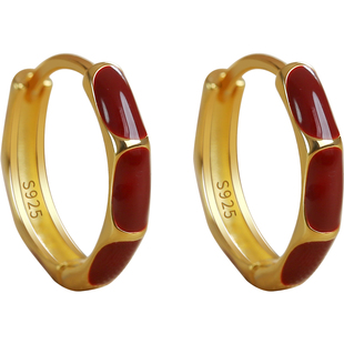 卡伦图925纯银耳环女珐琅红色耳扣金色复古耳圈新年喜庆耳饰新款