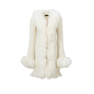 JELLOJELLO25秋冬滩羊毛拼接亮片编织羊毛粗花呢中长款大衣外套