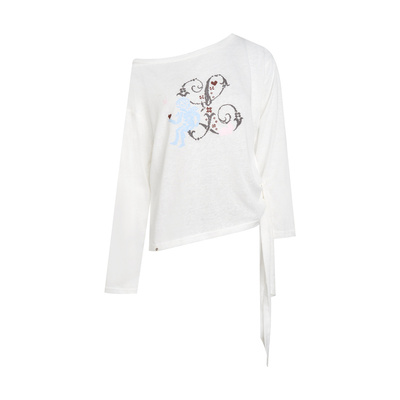 原创手绘天丝桑蚕丝斜肩绑带T恤