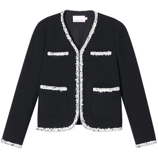 SALT.P可颜黑色小香风外套女短款V领亮片织带花纱夹克AC35510150