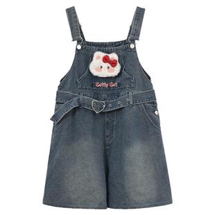 森女部落卡通可爱背带裤短裤女2026夏新款薄款套装小个子牛仔裤子