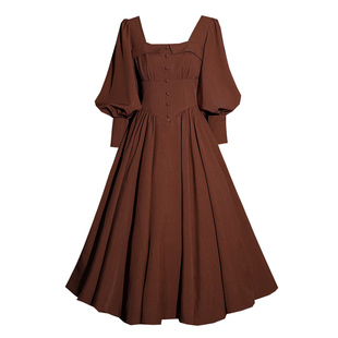 弥爱原创《怀旧唱片》法式复古vintage风束腰显瘦大摆连衣裙秋冬