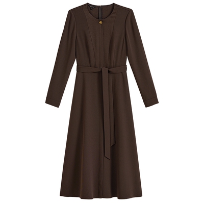 YINER音儿女装秋季法式通勤醋酸混纺缎面乱麻拼接腰带连衣裙