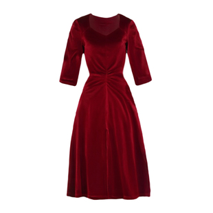 Into Fiction戏梦巴黎法式复古舞会跳舞酒红色开叉丝绒方领连衣裙