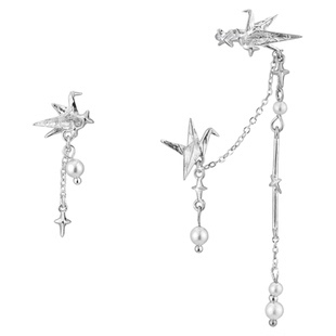 清冷千纸鹤 原创小众耳环不对称珍珠一体式耳夹高级感耳饰冷淡风