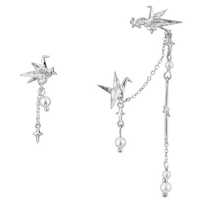 清冷千纸鹤 原创小众耳环不对称珍珠一体式耳夹高级感耳饰冷淡风