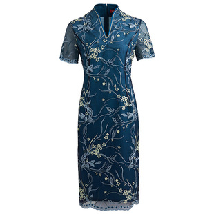 商场同款皮尔卡丹女装夏季新款蓝色短袖蕾丝连衣裙淑女裙