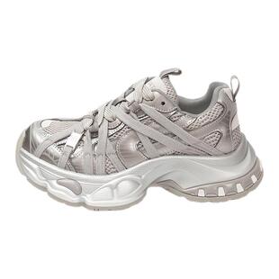 星期六加绒银色厚底老爹鞋女款2025新款秋季绑带休闲增高运动鞋子