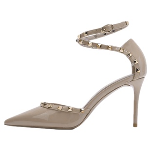 2025夏季新款高跟鞋包尖头铆钉细跟一字带百搭凉鞋成年礼裸色绝美