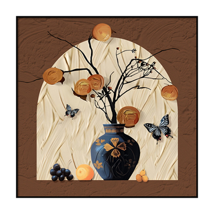 2025新款柿柿如意中古风餐厅装饰画平安喜乐寓意好客厅玄关柜挂画