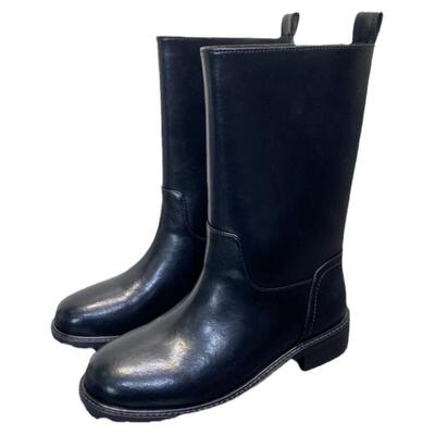 韩风一脚蹬中筒靴平跟纯皮靴子