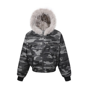YIZILINGF 小众街头短款迷彩座山雕男女小个子保暖连帽棉服外套潮