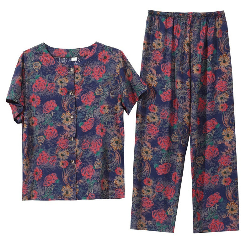 中老年睡衣女夏短袖纯棉绸薄款开衫妈妈女装绵绸可外穿家居服套装