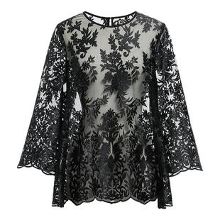 红袖秋季新款女装蕾丝刺绣波浪边不对称长袖圆领上衣