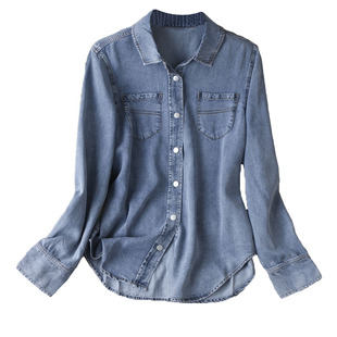雅痞风~polo翻领长袖双口袋小宽松定染蓝灰色天丝醋酸牛仔衬衫女