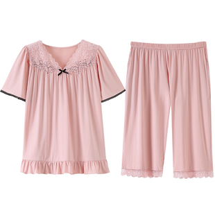 睡衣女夏季莫代尔短袖七分裤薄款夏天中年妈妈冰丝夏款家居服套装