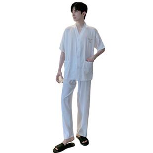 睡衣男士夏季冰丝短袖长裤仿真丝质青少年家居服男款夏天两件套装