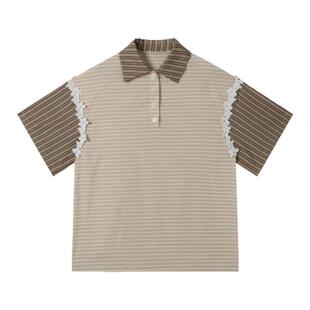 RedRef 条纹拼接花朵蕾丝POLO衫短袖衬衫上衣女新款