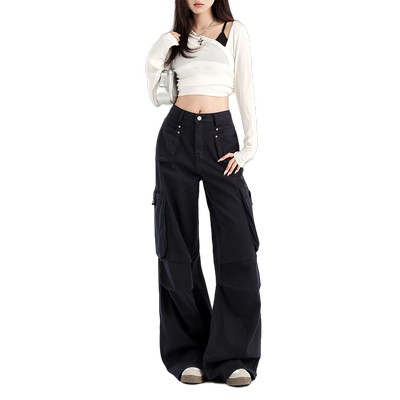 worxurnn/无须美式藏青色工装裤女秋高腰多口袋宽松阔腿牛仔裤