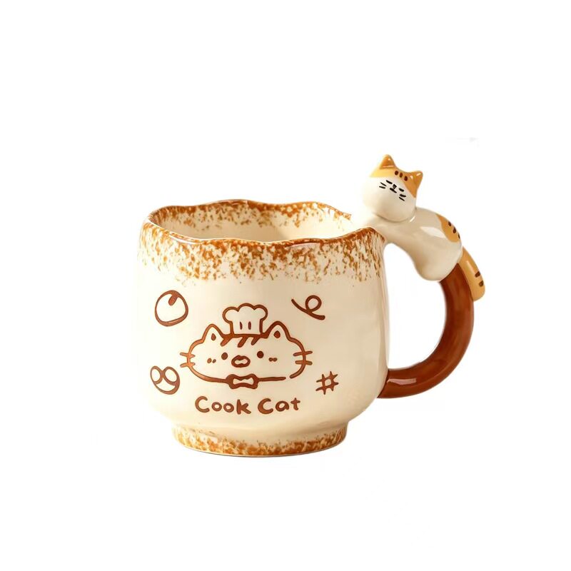 复古可爱猫咪陶瓷马克杯带把手卡通水杯高颜值情侣早餐杯家用礼物