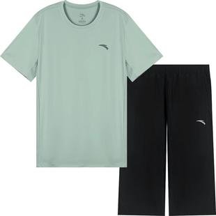 安踏爸爸夏装短袖T恤运动服套装男冰丝速干七分短裤中老年两件套