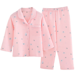 树袋熊印花秋冬亲子保暖睡衣里外全棉空气层长袖长裤开衫儿童家居