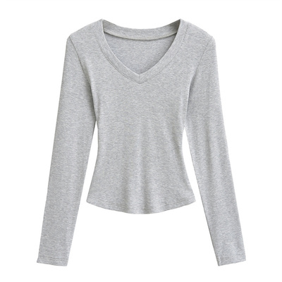 卡戴珊辣妹v领长袖t恤正肩上衣女