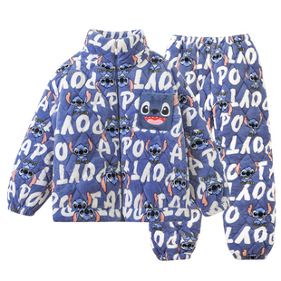 睡衣男款冬季加绒加厚珊瑚绒三层夹棉青少年棉袄加大码家居服套装