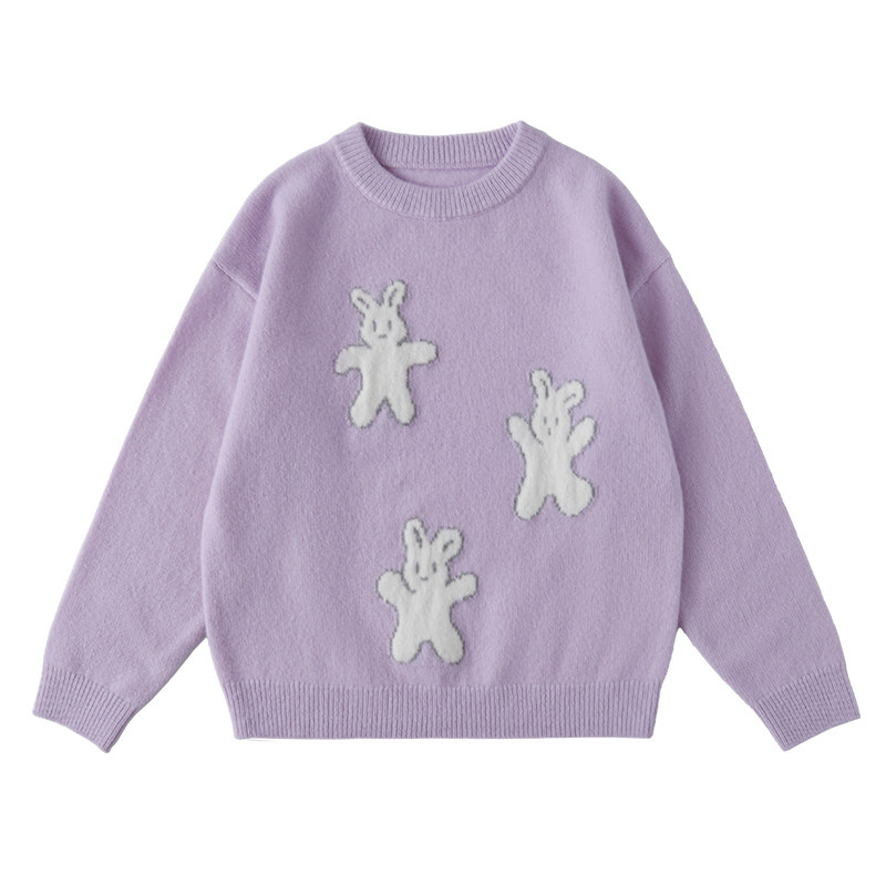 棵初25年秋冬季新款亲子中大女童小兔子图案毛衣纯绵羊毛保暖上衣