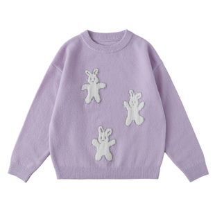 棵初25年秋冬季新款亲子中大女童小兔子图案毛衣纯绵羊毛保暖上衣