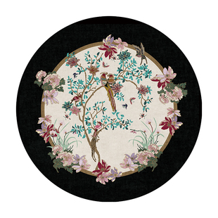 新中式东方花鸟卧室圆形地毯轻奢现代书房衣帽间氛围感床边地垫大