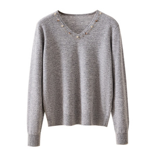 春竹100%绵羊毛春季新款V领领口镶钻洋气减龄保暖打底衫女羊毛衫