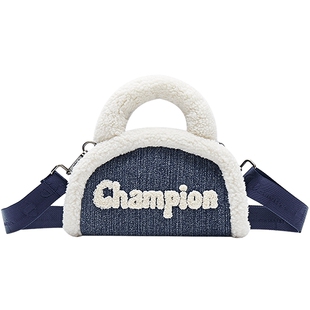 Champion冠军新款单肩包保龄球包男女休闲情侣毛绒手提包钥匙包