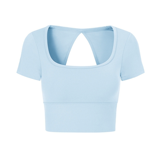 瑜伽服女速干跑步运动上衣带胸垫普拉提训练衣羽毛球健身短袖套装