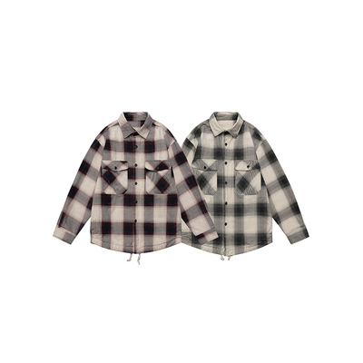 Quentin Marx日系做旧男士长袖格子衬衫宽松休闲潮流衬衣外套秋冬